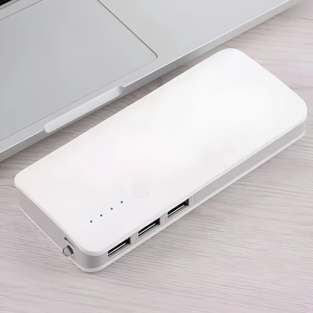 Gift large capacity universal mobile power bank with USB and LED flashlight in blue plastic casing