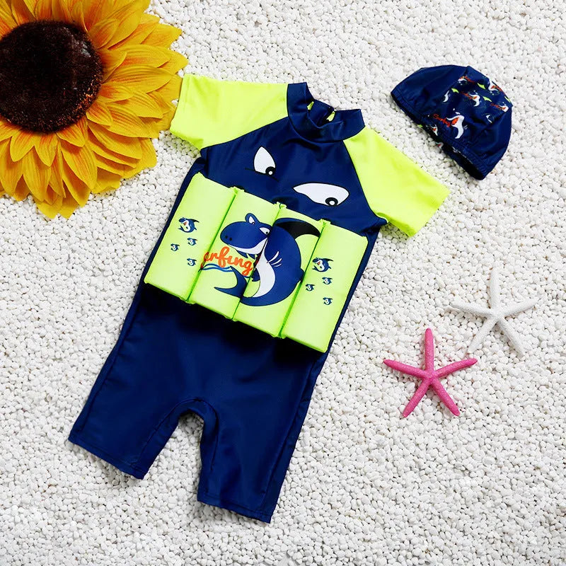Children's shark print buoyancy swimsuit with sun protection for swimming pool education