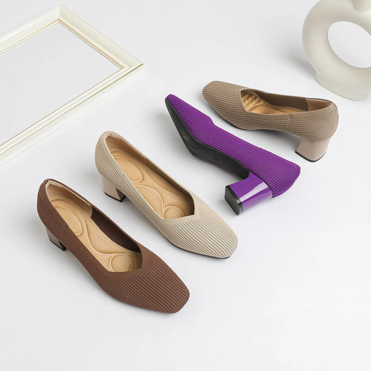 Women's knitted block heel shoes square toe breathable fabric upper mid-heel 3-6cm for commuting