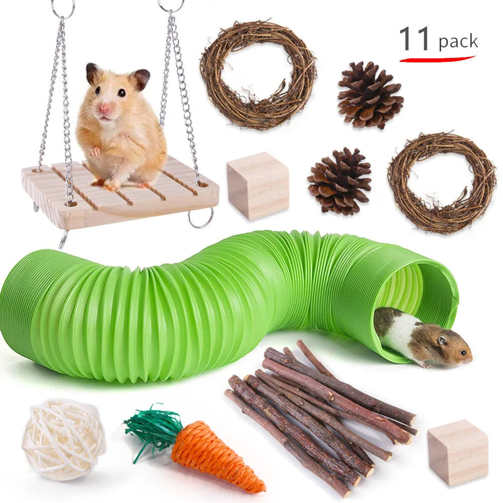 Wooden pet toy set with straw mats and woven balls for rabbits and guinea pigs