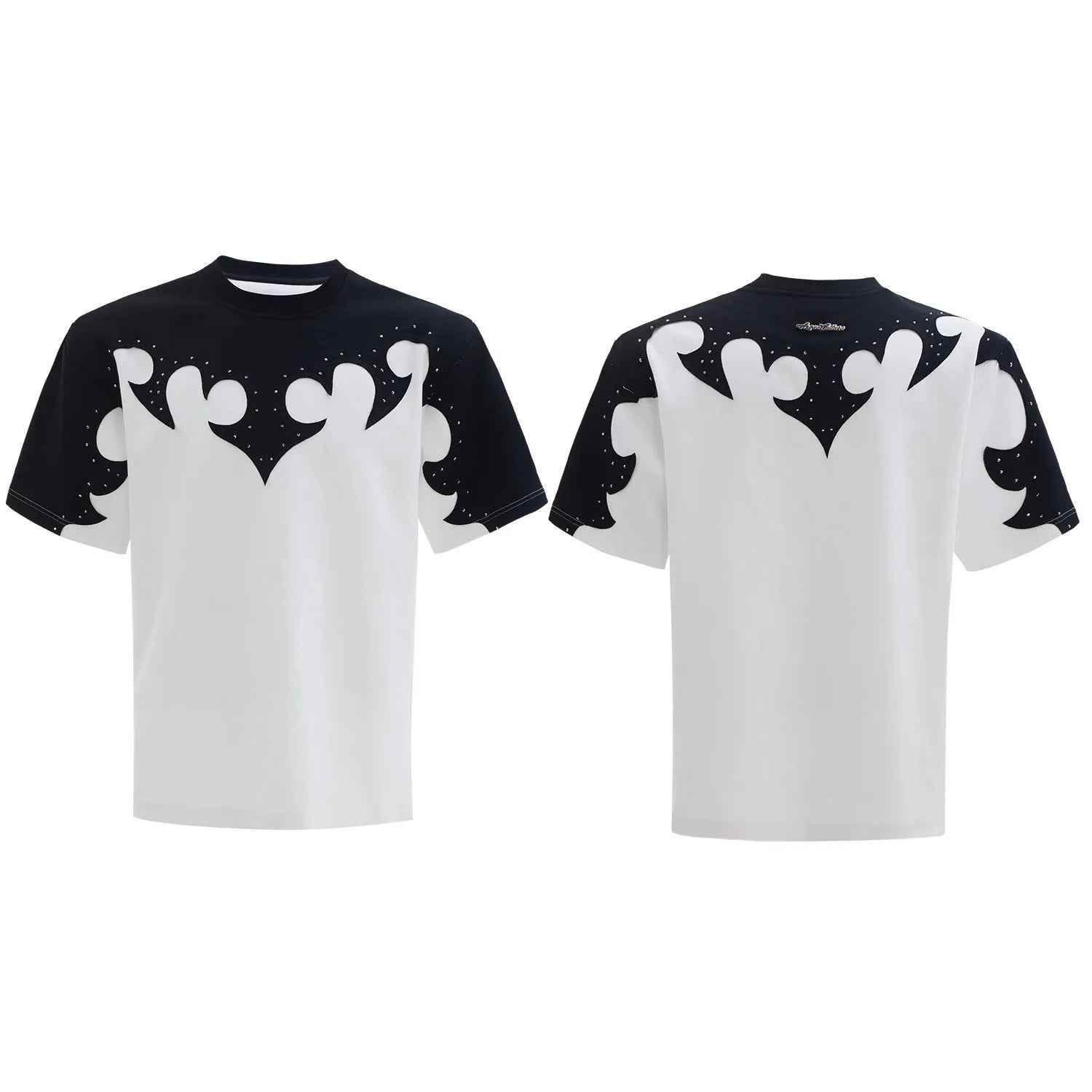 Men's loose fit grey cotton t-shirt with a 3D burnt flower rhinestone design on the front.