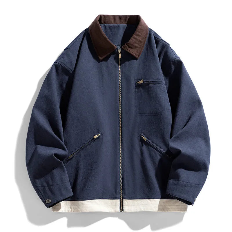 Men's loose fit casual jacket with contrast colour lapels and side seam pockets in retro workwear style