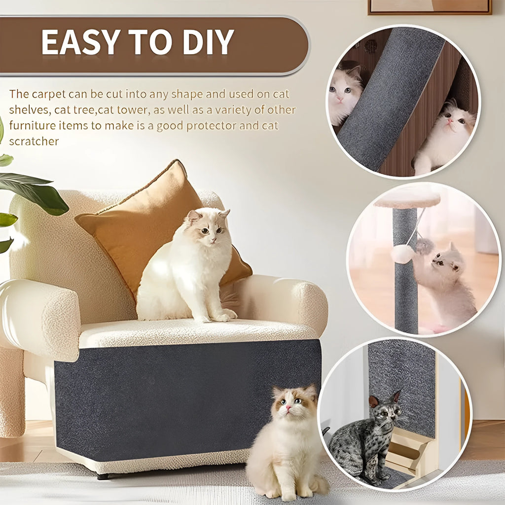 Self-adhesive cat scratch carpet mat in beige, trimmed to fit sofa arm, with scissors and roll packaging
