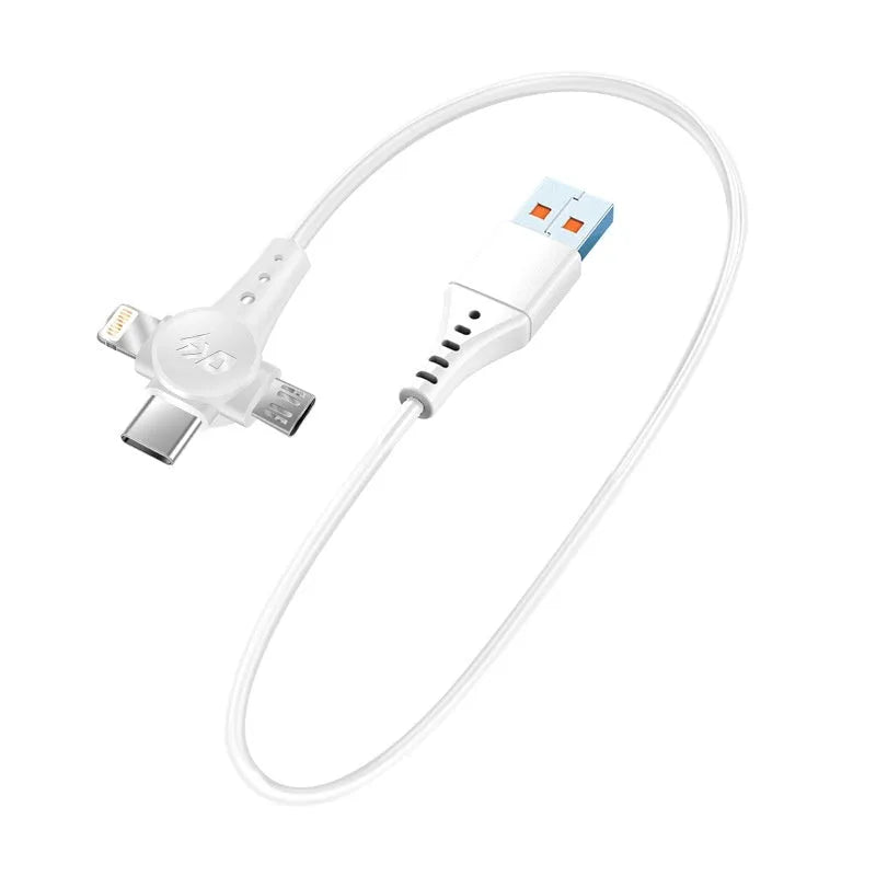 Black spring telescopic charging cable with Type-C, Lightning and Micro USB connectors extended to 1.5 metres