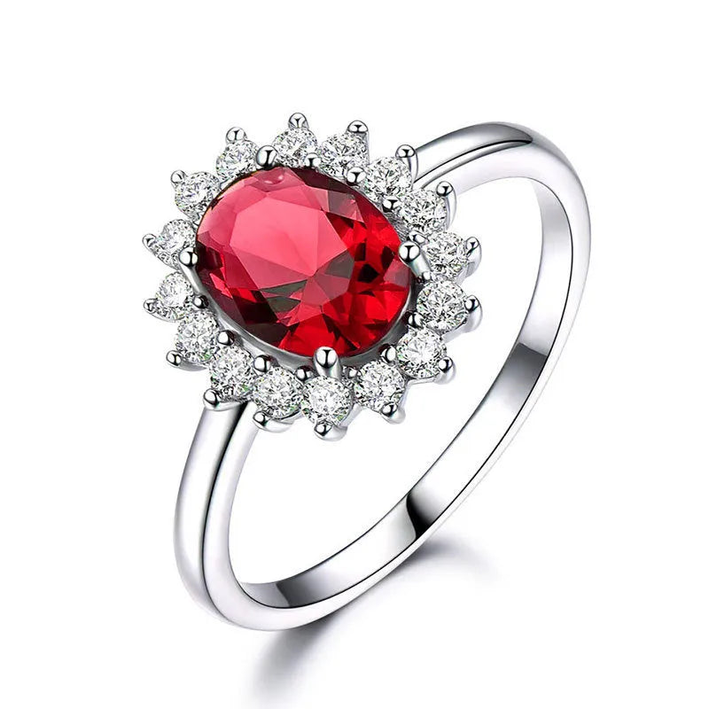 Blue moissanite stone set in a copper flower-shaped ring available in green, red, or blue.