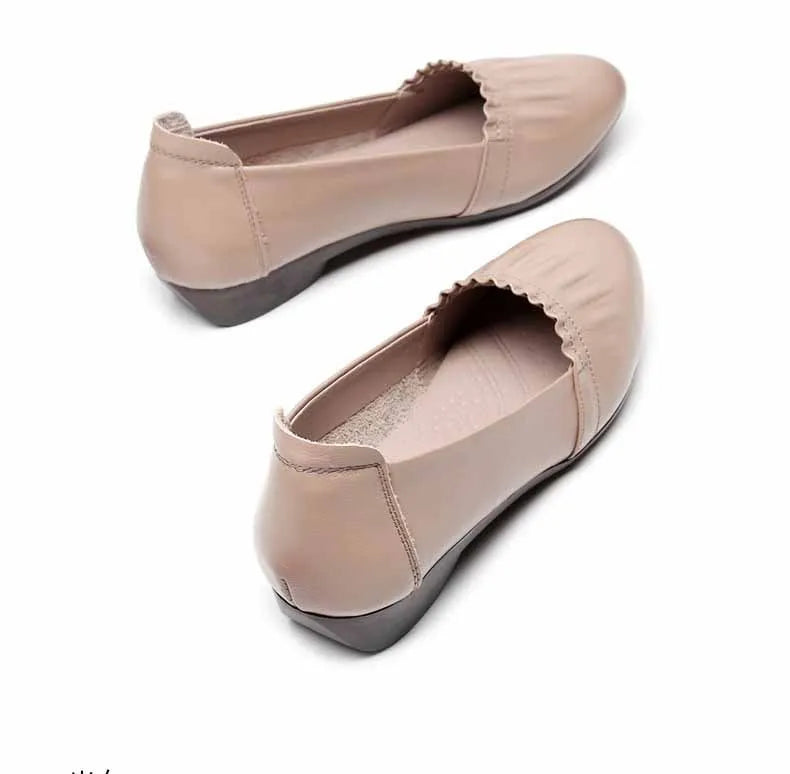 Women's first layer cowhide flat shoes in white – genuine leather loafers with low wedge heel