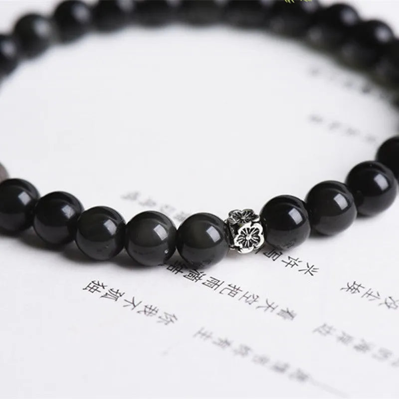 Natural obsidian bracelet with S925 silver dragon phoenix decorations and small flower accessories
