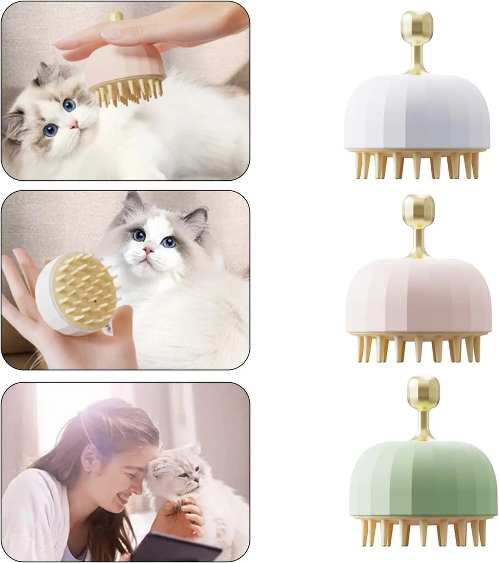 Green silicone pet bath brush with water drain holes and ergonomic handle for dogs and cats