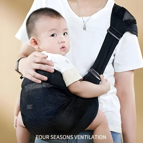 Cloth baby carrier waist stool for children, shown in black, green, grey, or pink colour options.