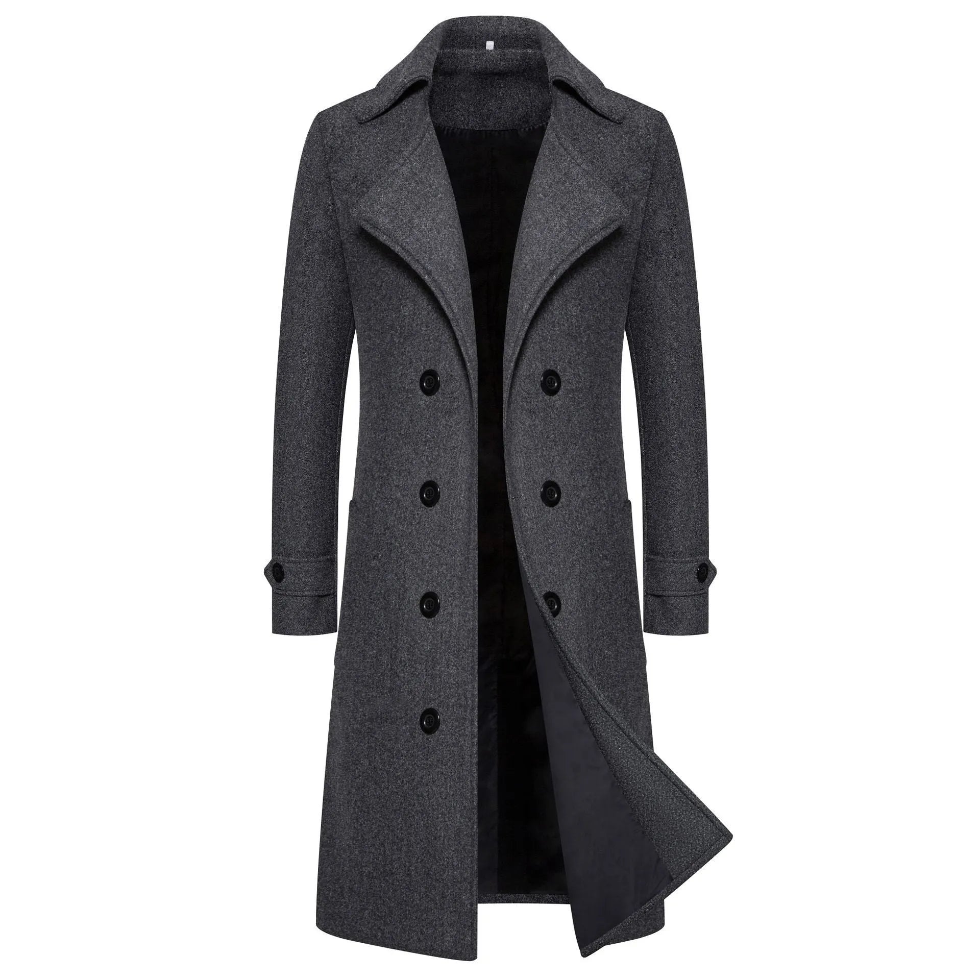 Men's long double breasted trench coat in khaki with side seam pockets, slim fit, cotton blend, sizes M to 5XL
