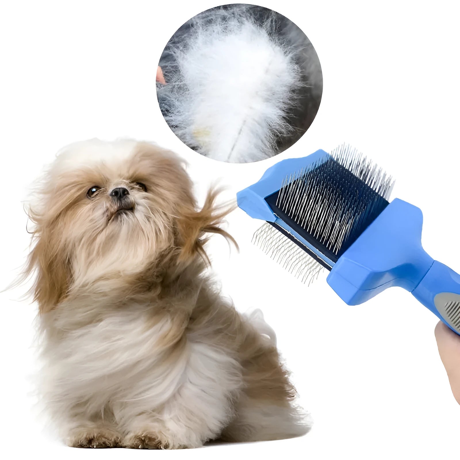 Double-sided pet brush with stainless steel pins and blue ABS handle