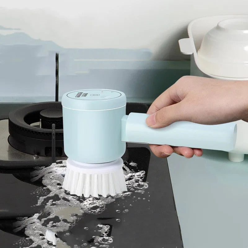 Foldable electric cleaning brush in green with three brush heads and USB charging port