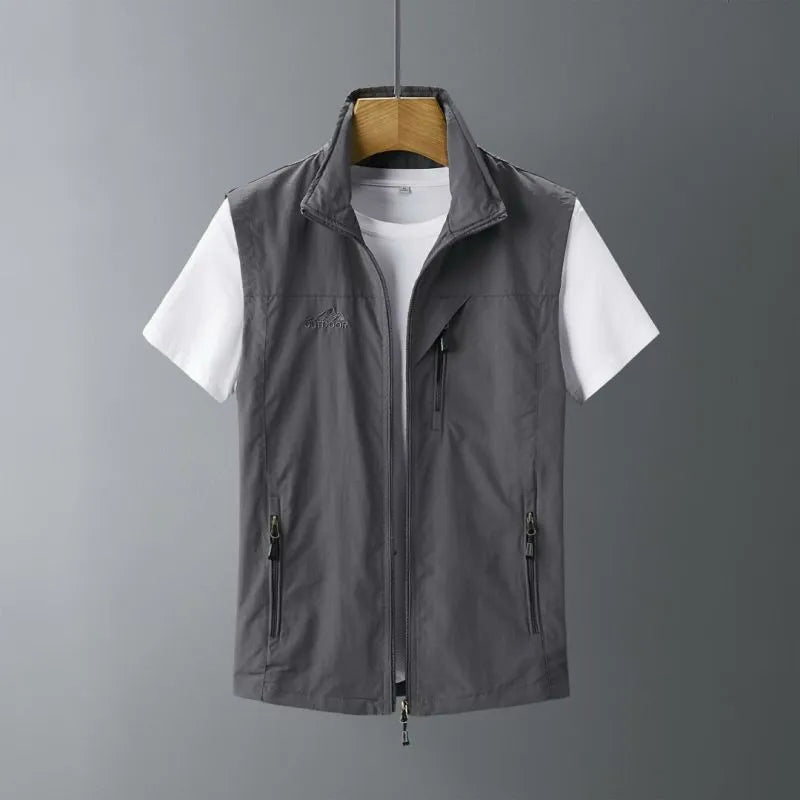 Men's slim-fit rabbit fur vest waistcoat with a hood in army green, shown on a model.