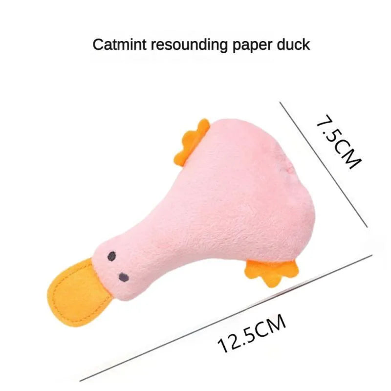 Colourful plush duck pet toy with catnip, a squeaker, and crinkly rattle paper for cats and dogs.
