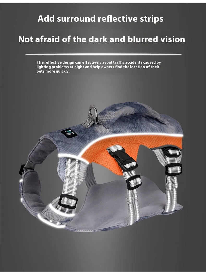 Reflective pet cooling chest strap harness in light blue, pink, dark blue, or orange colours