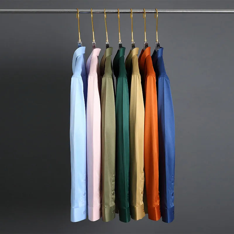Men's elastic silk long-sleeved shirt in solid colour with non-ironing finish and breathable spandex blend fabric