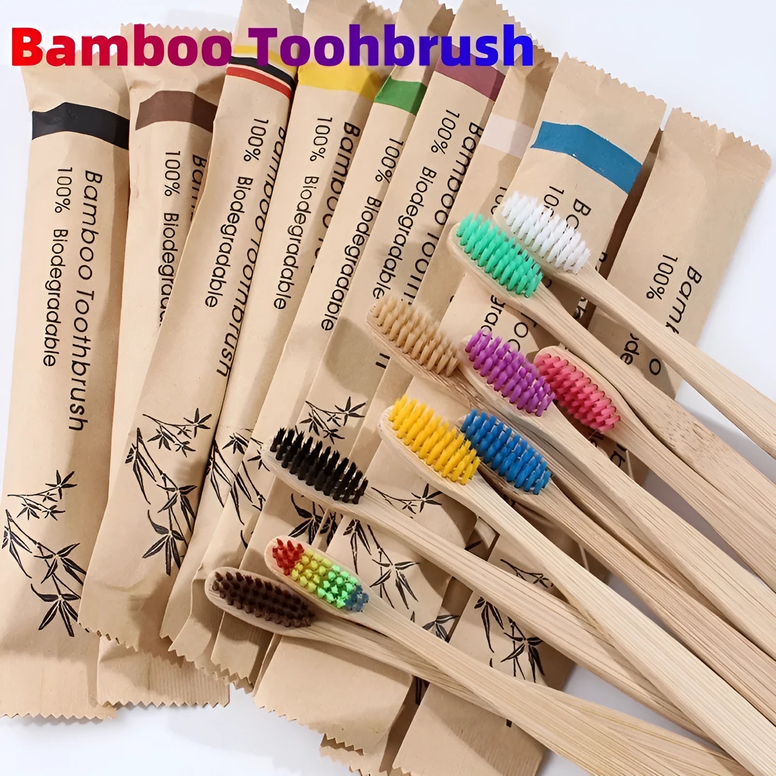 Set of 10 bamboo toothbrushes in multiple colours showing natural bamboo handles and soft bristles