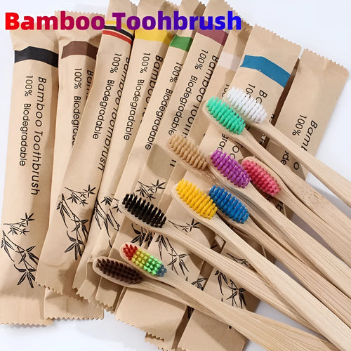 Set of 10 bamboo toothbrushes in multiple colours showing natural bamboo handles and soft bristles