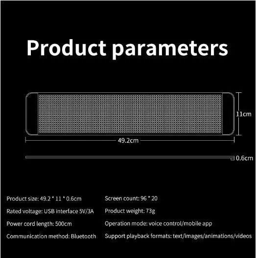 Flexible black LED screen for car rear windshield display with Bluetooth control.