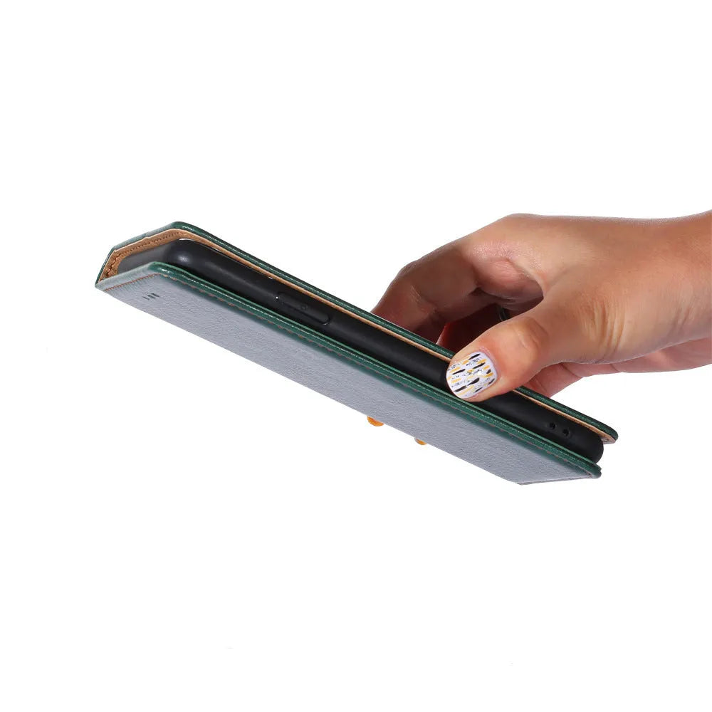 Samsung PU leather magnetic flip case in classic black with card slot and adjustable stand open