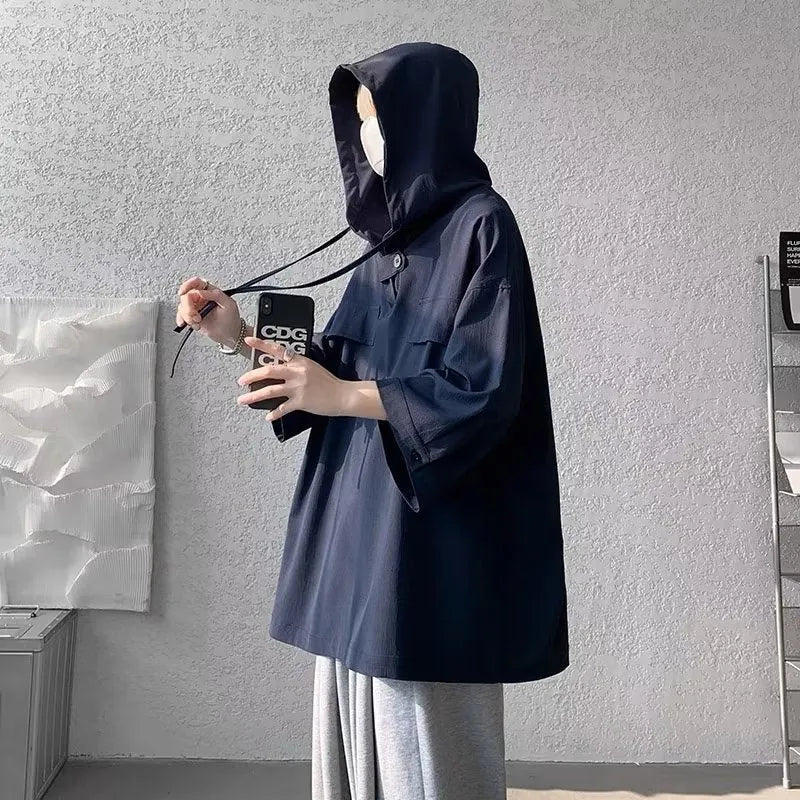 Men's loose fit hooded short sleeve t-shirt in polyester for summer casual wear