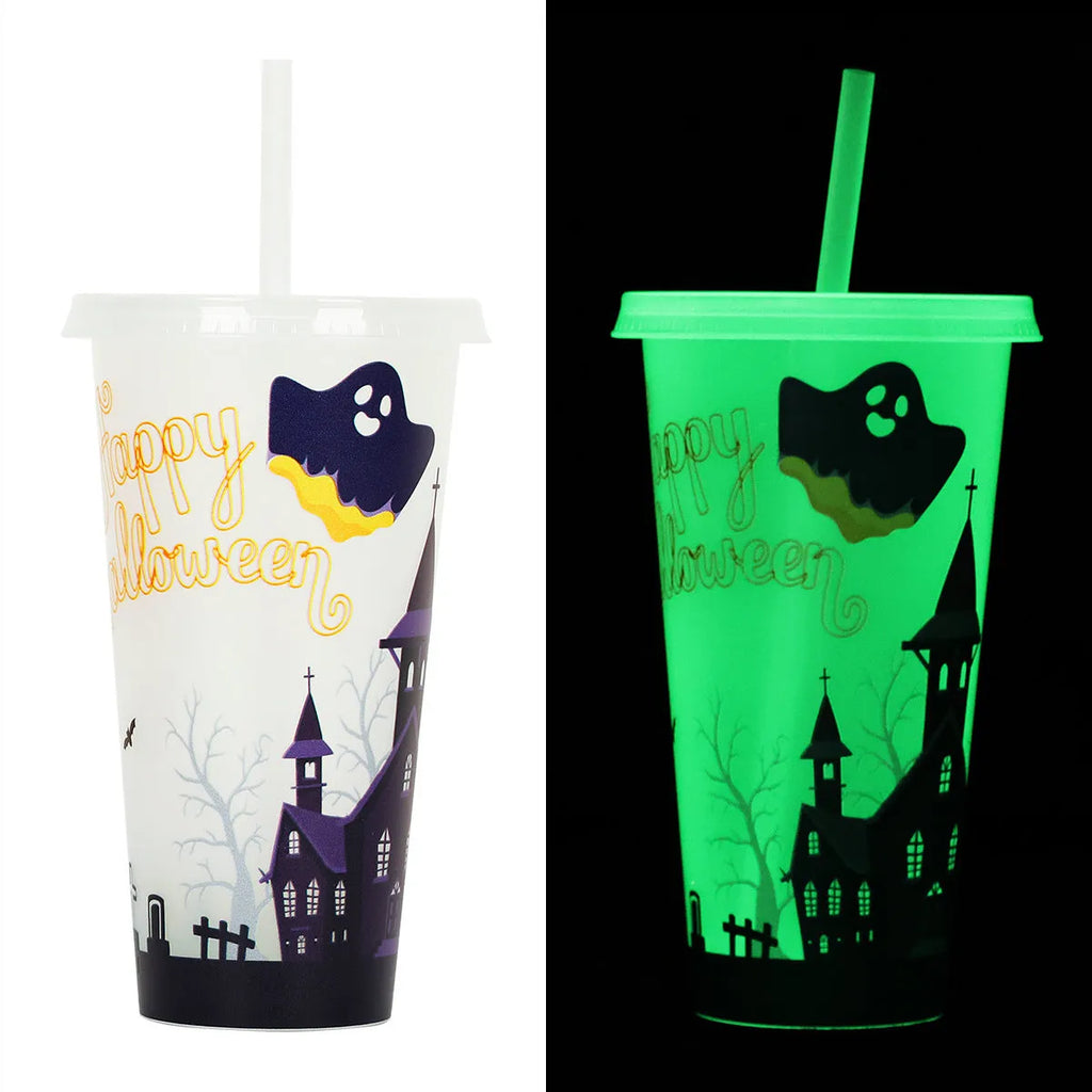 Halloween luminous reusable plastic sippy cup with straw, 720ml capacity, shown in one of six colours.