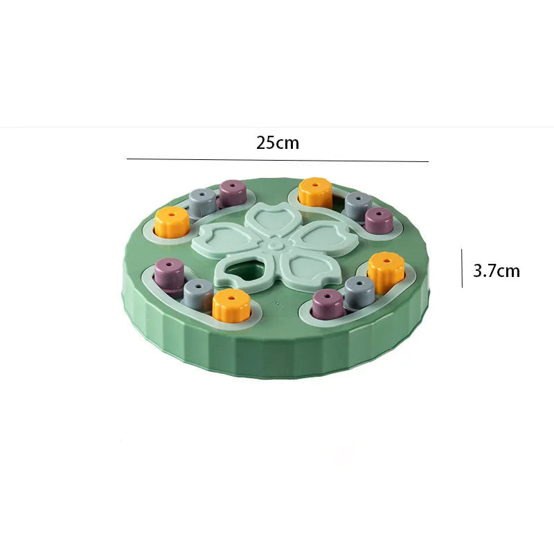 Blue interactive dog slow feeder puzzle toy with multiple food compartments on textured base