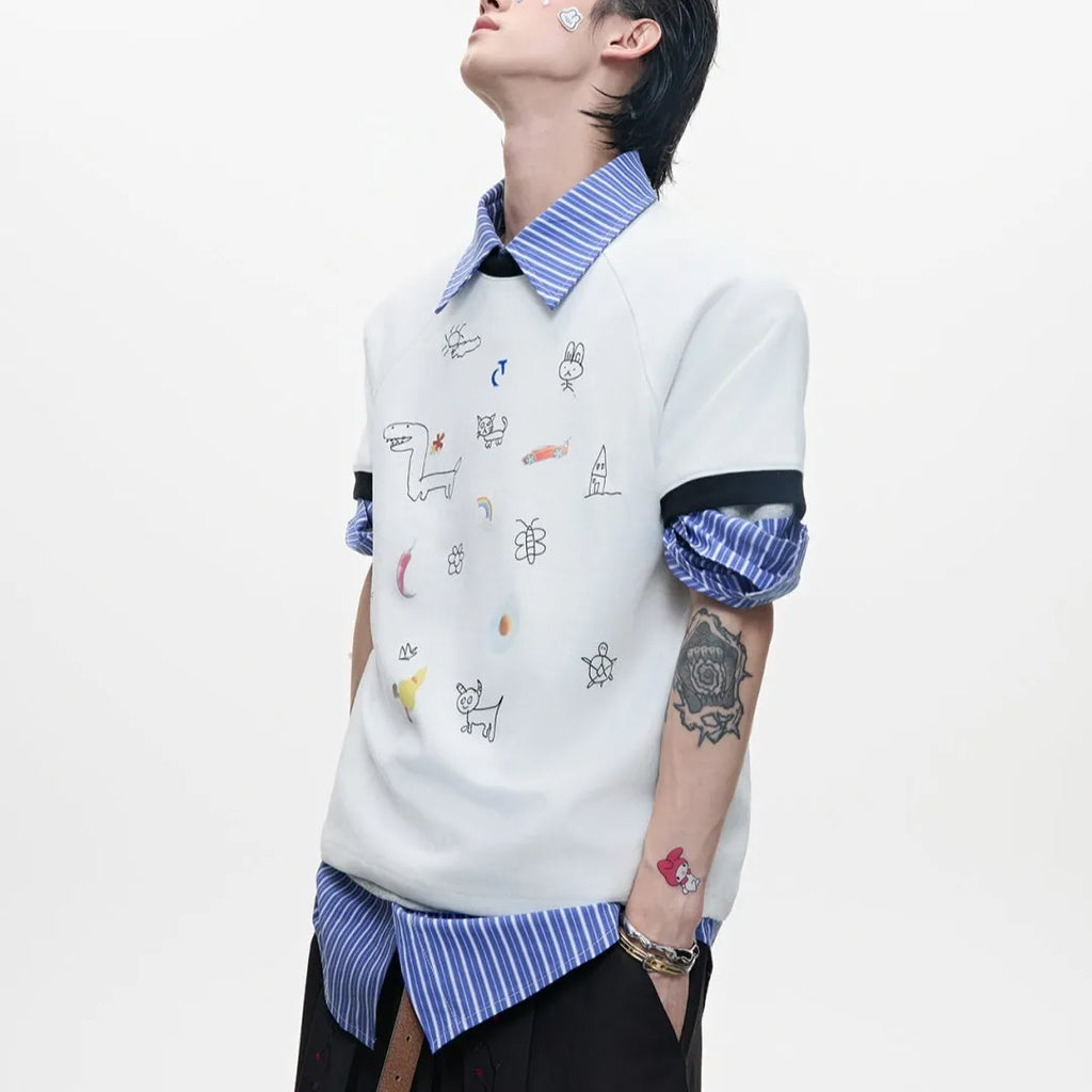 Men's blue cartoon printed short sleeve shirt with contrasting panels and loose fit design