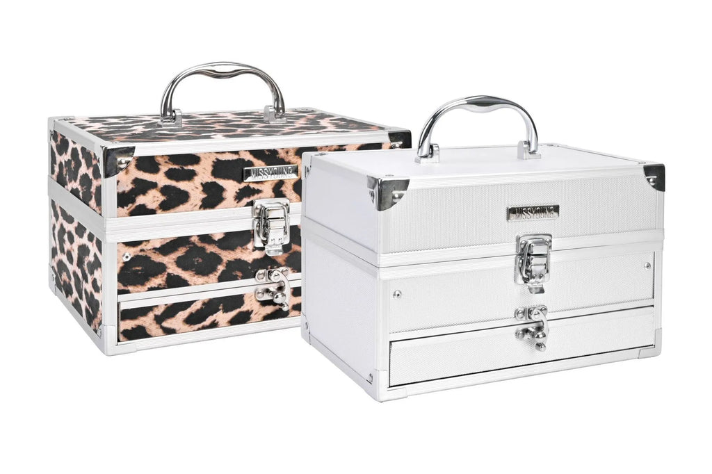 Silver makeup set with eye shadow, blush, lip gloss, lip pencil, and brush in a compact case