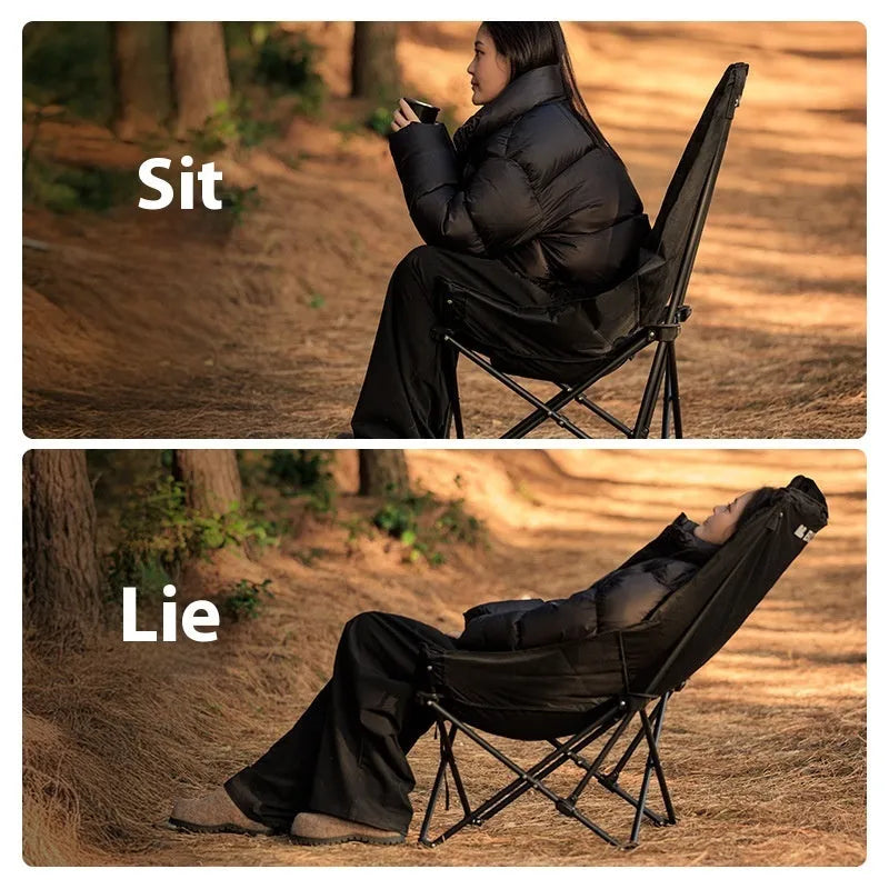 Black Oxford cloth folding moon chair with thickened seat cushion in folded position