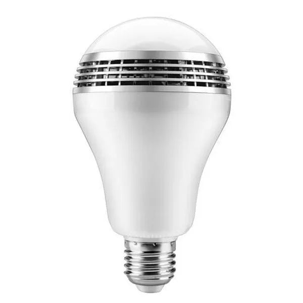 E27 LED smart bulb with Bluetooth speaker functionality showing dimensions and RGB lighting