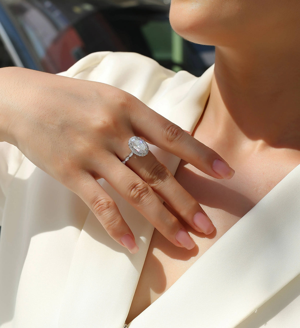 Moonlight Pupil egg-shaped moissanite wedding ring set in S925 silver with platinum plating