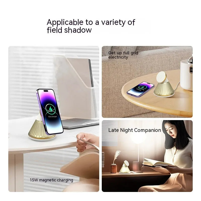 Night table lamp with magnetic wireless charging seat in champagne gold metallic finish