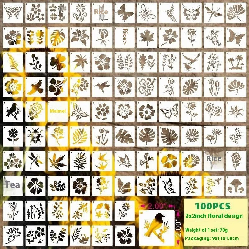 100 pieces of 2-inch milky white PET film spray painting templates showing floral, animal, and letter designs
