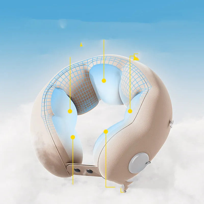 Cloud bubble coloured U-shaped travel pillow with cartoon print, folded compactly for transport.