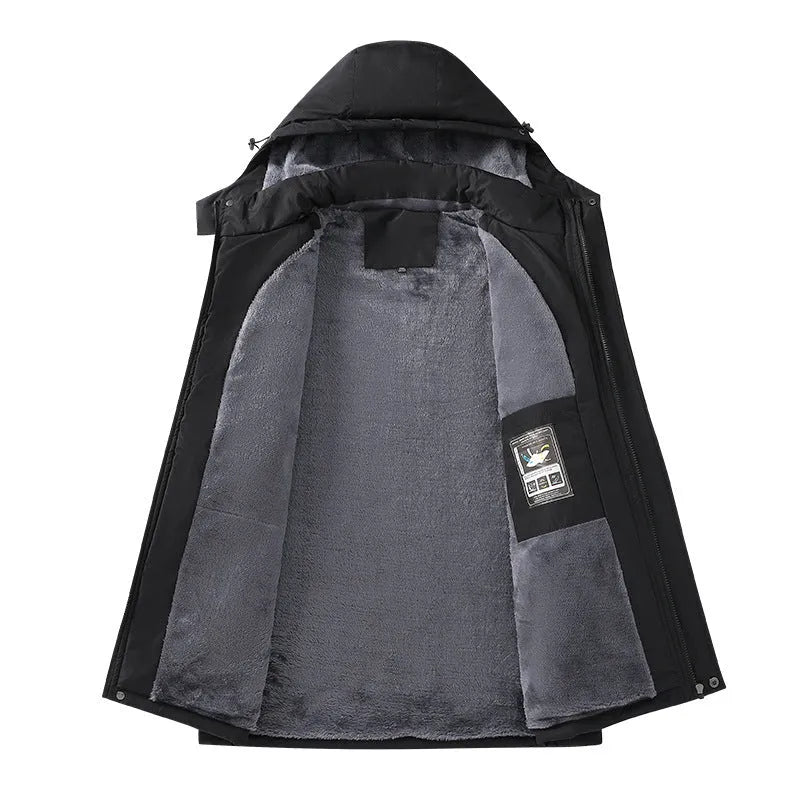 A man's loose-fit plus-size hooded coat in Army Green colour, made from waterproof polyester fabric.