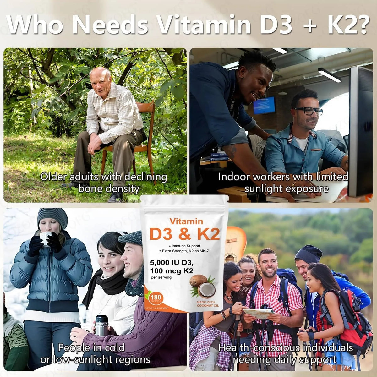 Vitamin D3 K2 softgels 5000 IU with coconut oil in a 180-count bottle, oval 2 cm softgels for easy swallowing