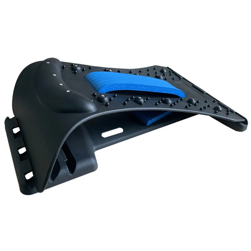 A black back massager and stretcher device with plastic pins and magnetic points on an adjustable frame.