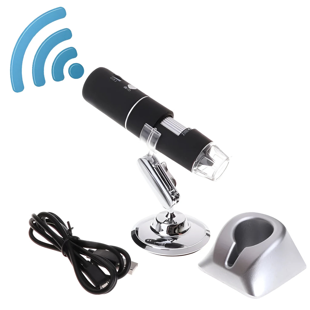 Black microscope magnifier camera phone bracket with 8 LED lights and 1.5m cable on white background
