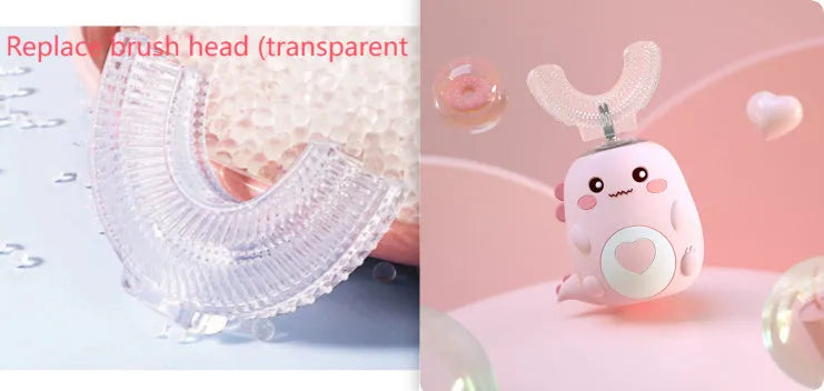 Children's electric toothbrush with food grade silicone U-shaped head, 360 degree automatic cleaning, USB charging, available in Little Dinosaur Pink, Blue, Green