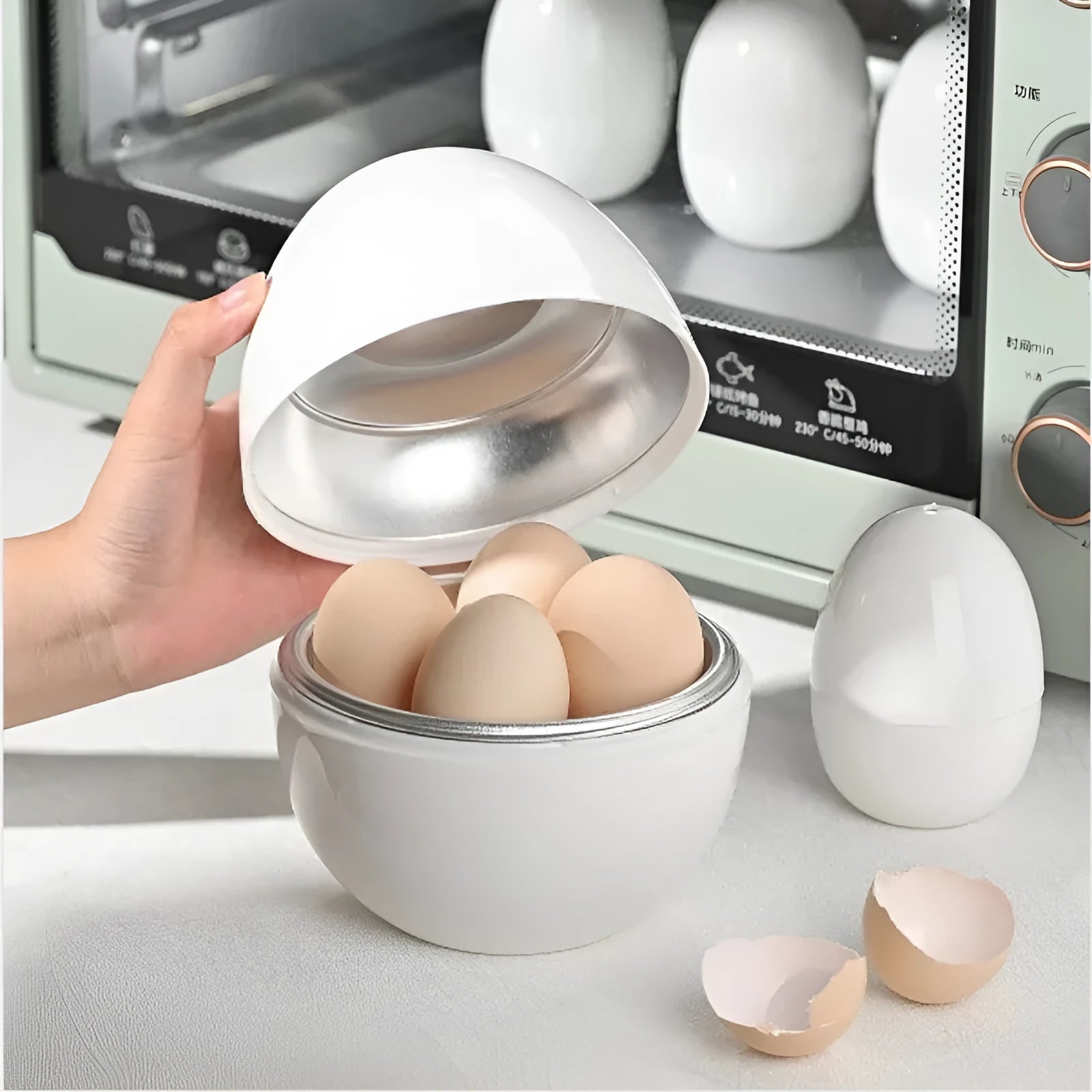 White microwave egg cooker with capacity for 4 eggs on kitchen counter