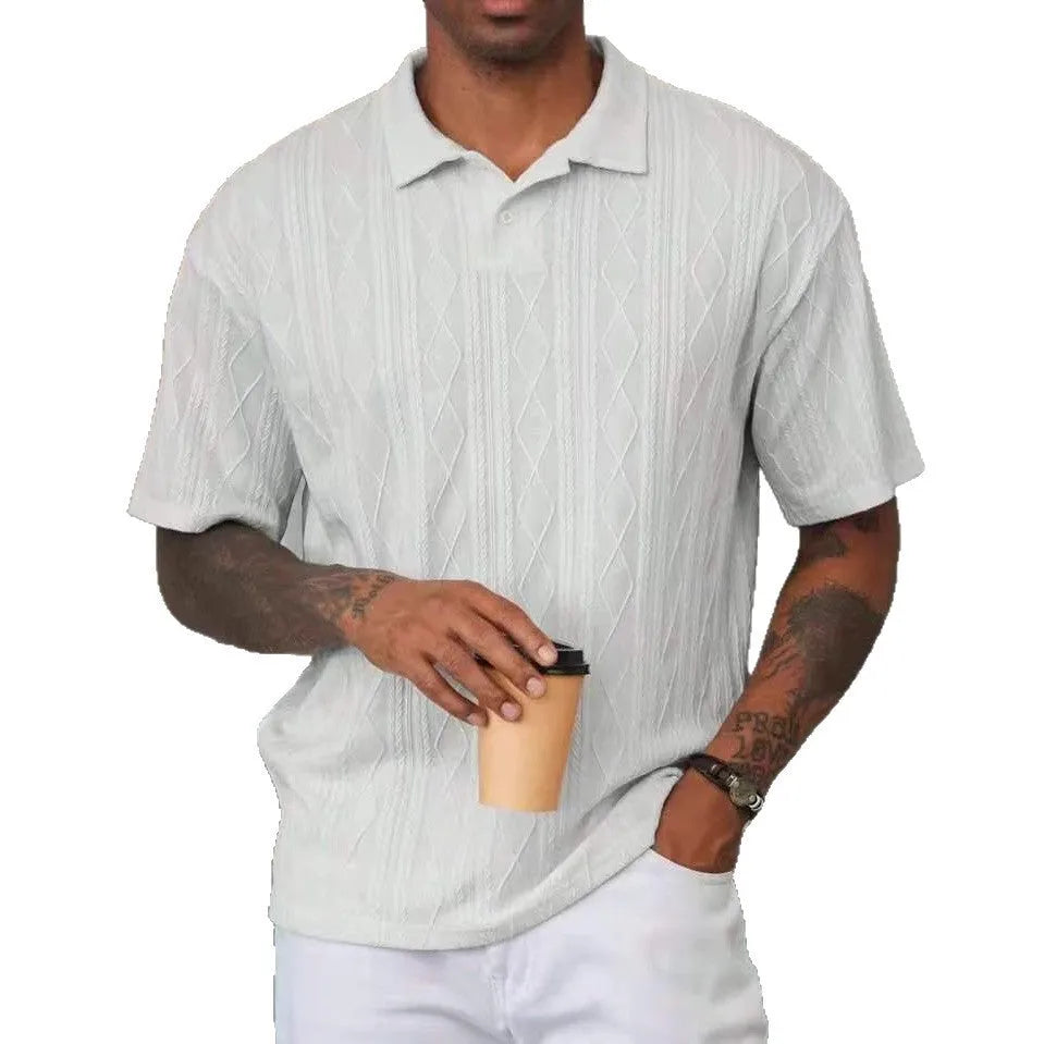 Men's loose fit short sleeve T-shirt with a retro button lapel on the collar, in a khaki cotton blend knit.