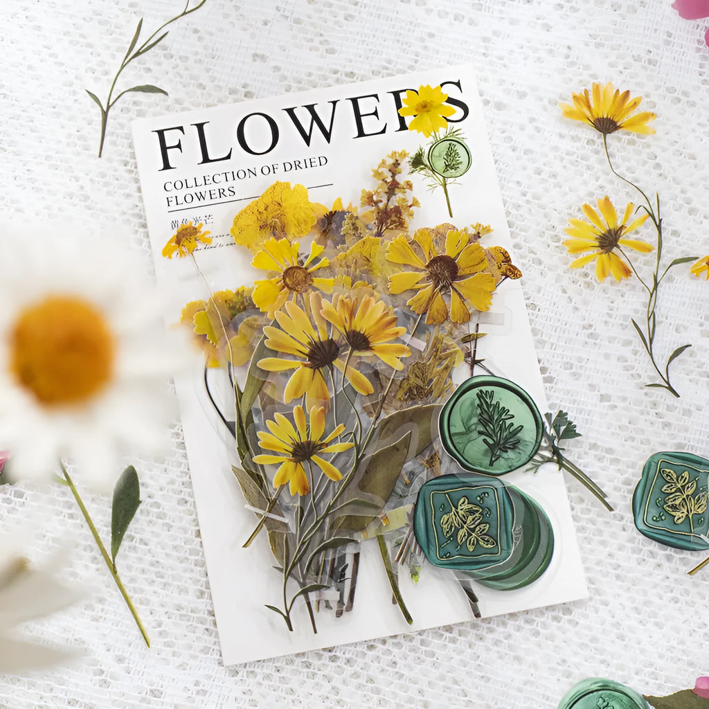 Set of dried flowers artistic stickers for journal decoration showing eight colour designs on 70mm PET sheets
