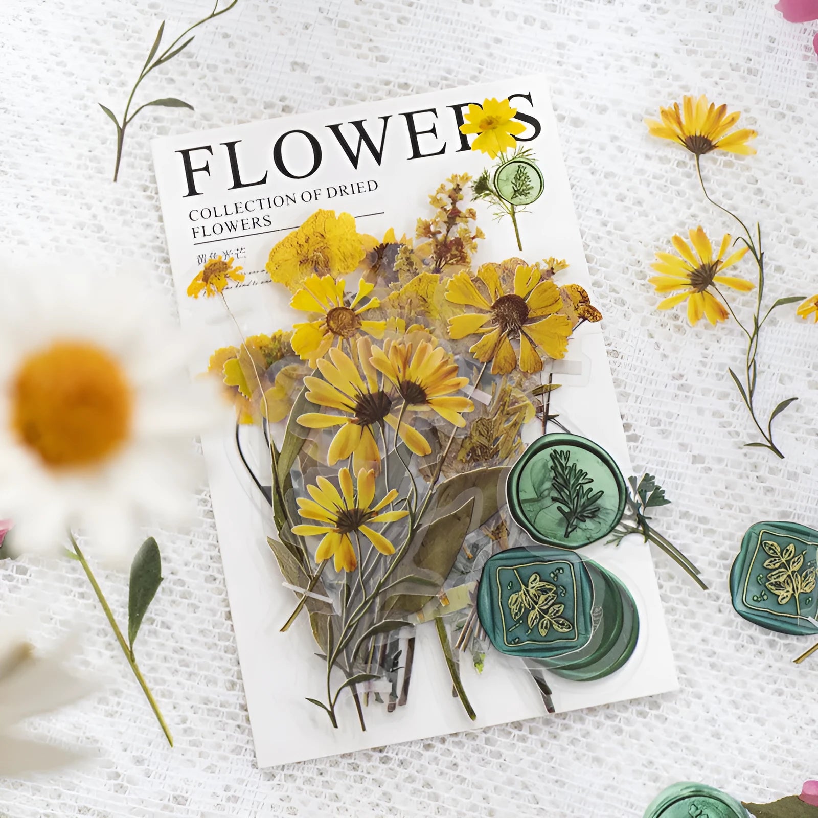 Set of dried flowers artistic stickers for journal decoration showing eight colour designs on 70mm PET sheets
