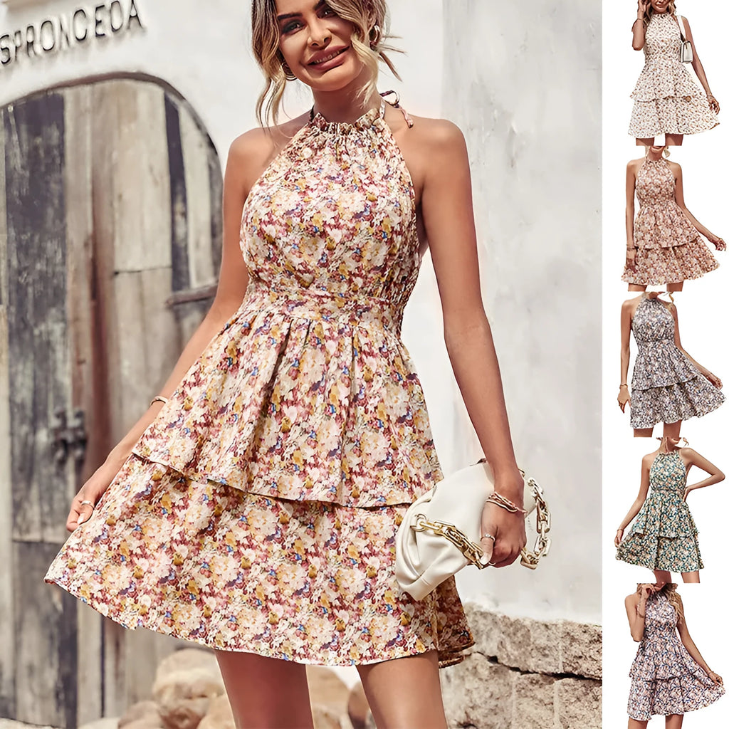 Women's backless halter summer dress with ruffled A-line skirt in a solid colour print.