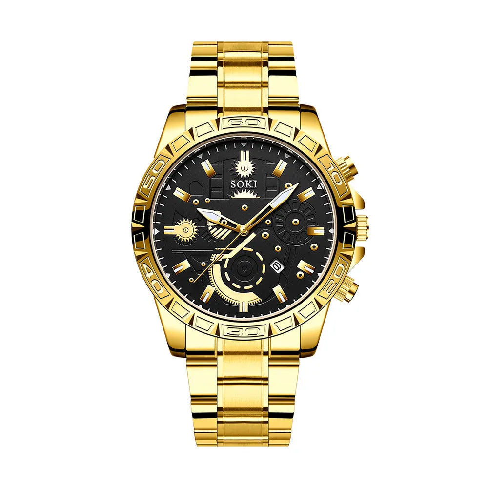 Men's gold-coloured business watch with stainless steel strap and calendar display.