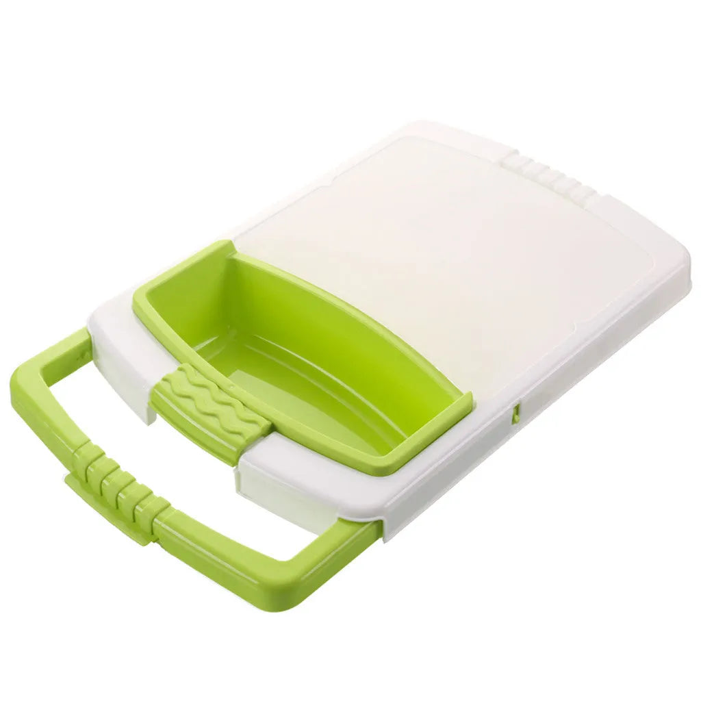 Green multi-function kitchen cutting board with integrated draining basket mounted on sink