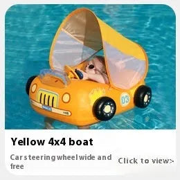 Pink inflatable car-shaped swimming ring for children with a central steering wheel.