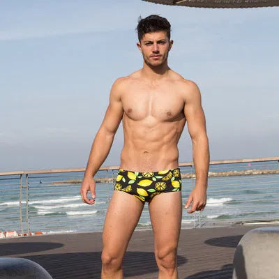 Men's spandex swim boxer briefs in photo colour, close-fitting design for beach or pool.