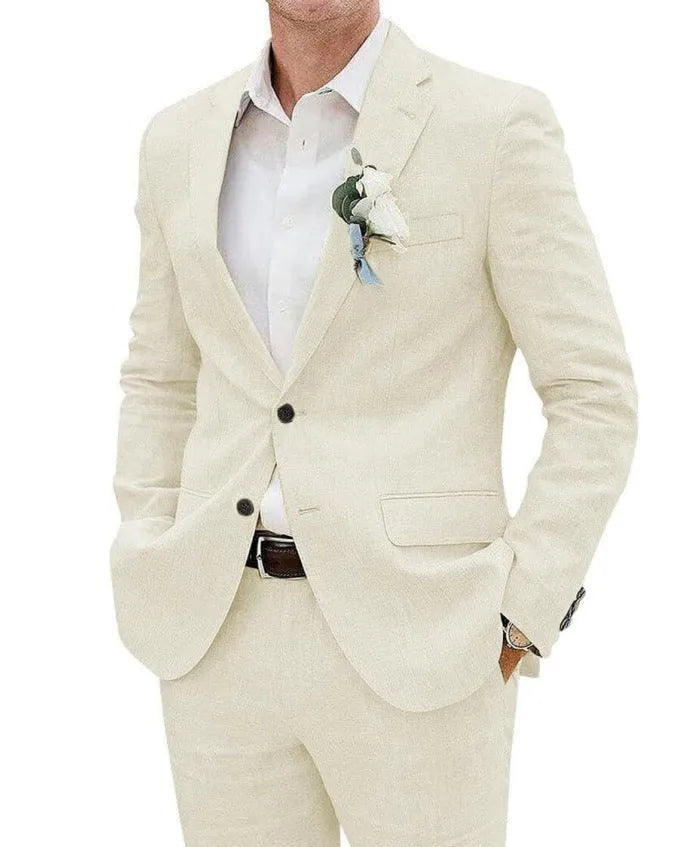 Men's beige linen blend two-piece suit with slim fit tailoring for light business wear